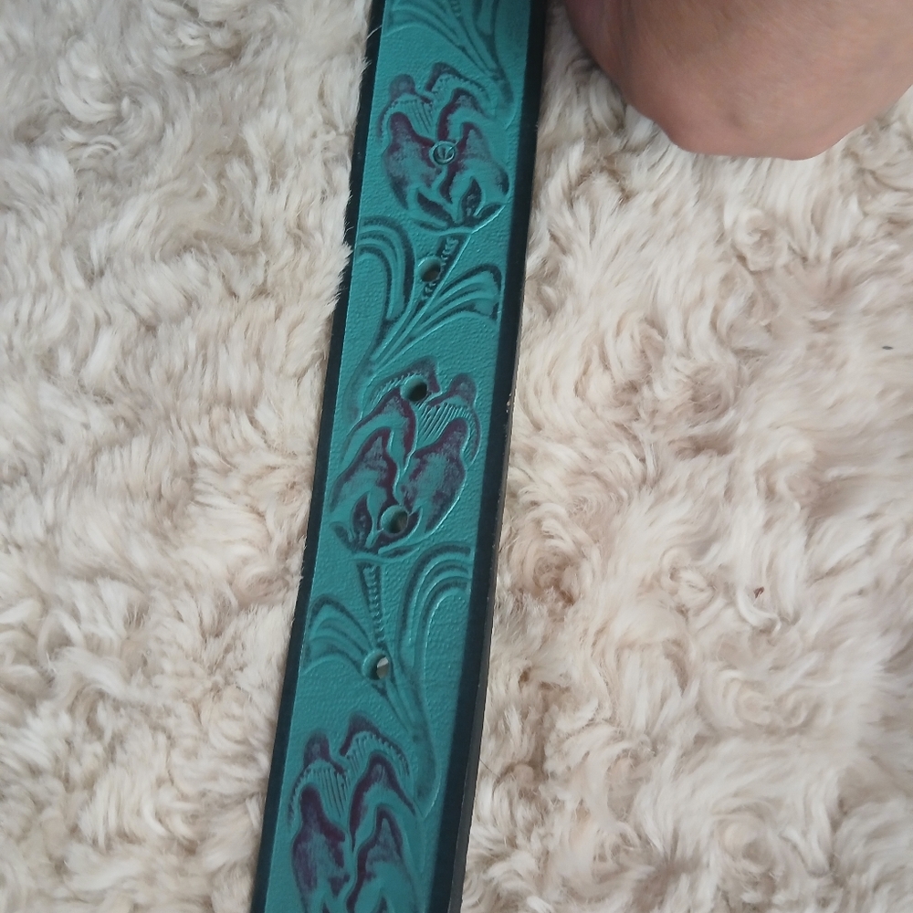 💎 VACCARI Women's Turquoise Tooled Leather Belt NO BUCKLE - Picture 3 of 11